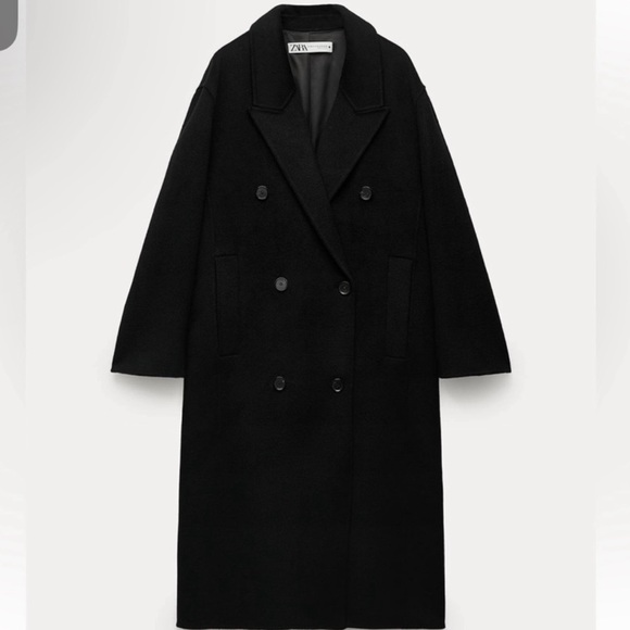 NWT ZARA Double Faced Black Wool Blend Double Breasted Long Oversized Coat - Picture 4 of 13